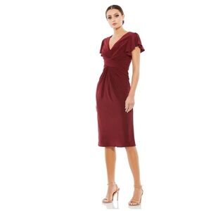 NWOT Mac Duggal FLOUNCE SLEEVE Burgundy MIDI DRESS SZ 6